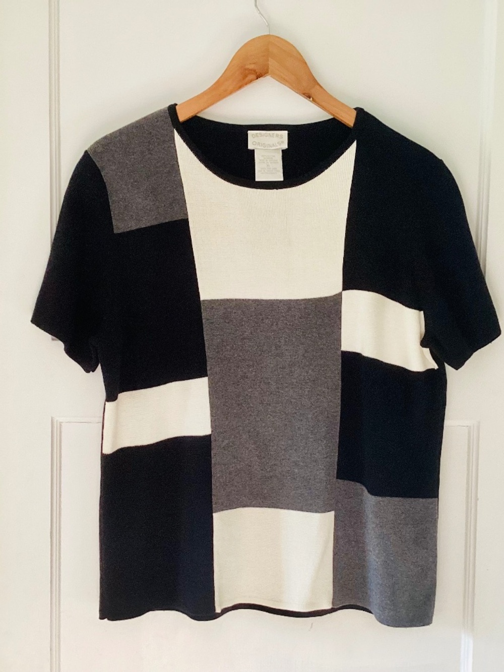Vtg Designers Originals Color Block Knit Top XL 100% Cotton Black White Gray